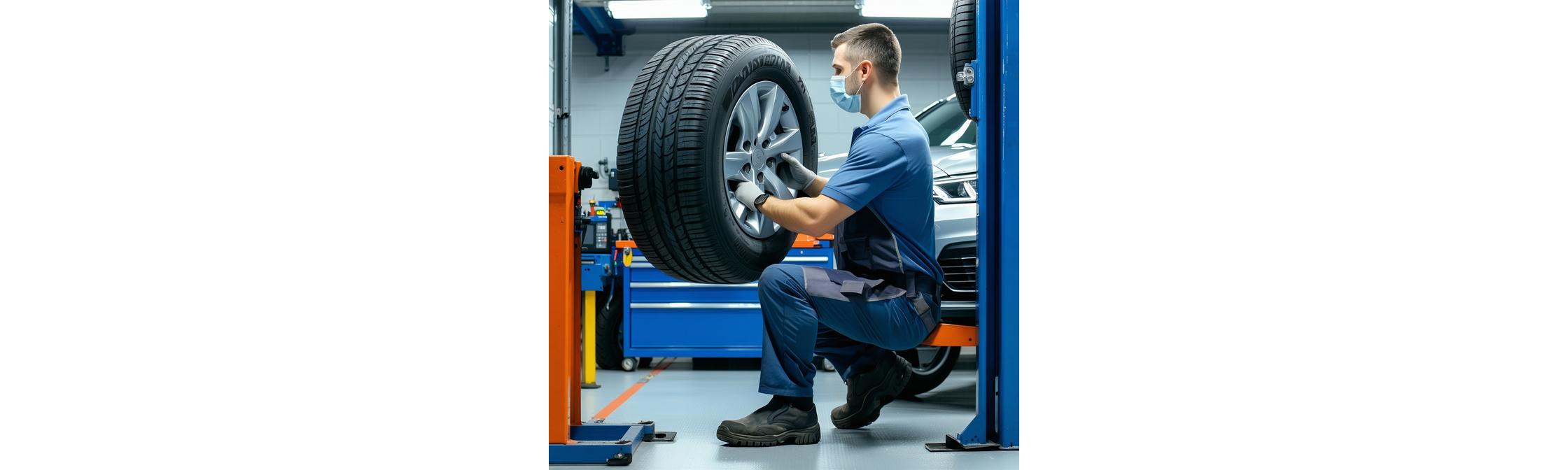 Technician mounting a tire in Becker Tire service bay
