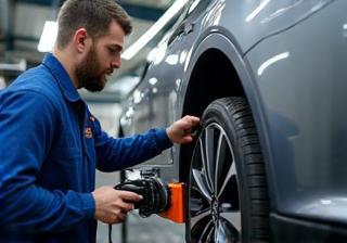 Automotive wheel alignment in progress