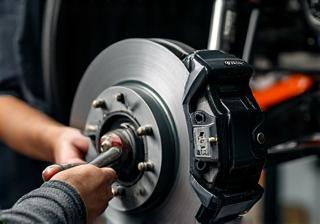 Technician servicing car brakes