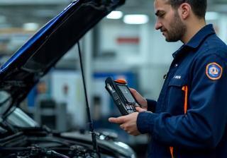 Auto technician using diagnostics tools